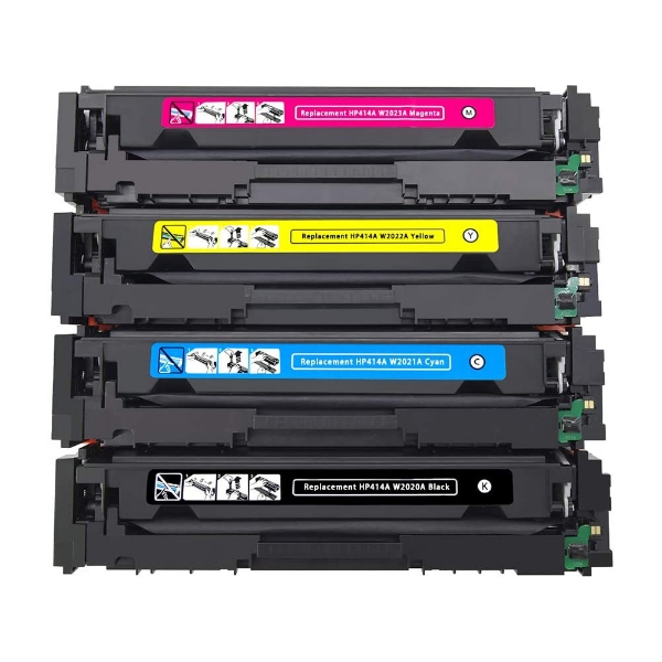 Show details for Value Bundle W2020A, W2021A, W2022A, W2023A (HP 414A) Black, Cyan, Magenta, Yellow Toner Cartridges (4 pack) (Black: 2400, CMY: 2100) with new chip Picture of Value Bundle W2020A, W2021A, W2022A, W2023A (HP 414A) Black, Cyan, Magenta, Yellow Toner Cartridges (4 pack) (Black: 2400, CMY: 2100) with new chip